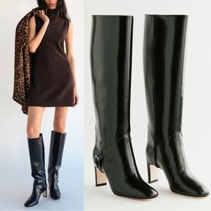 NEW Reformation Gaelle 75mm Knee Black Heeled Buckle Leather Boots, US 8